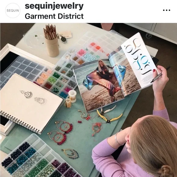 Sequin handmade artisan crystal flower silk Cream Tassel gold clip on Earrings - Picture 6 of 8